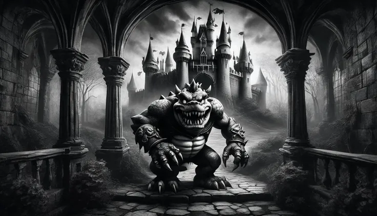Black & White gothic paint of portrait of a dark Bowser in Wonderland Castle <lora:Ghotic_Poe__20:1>