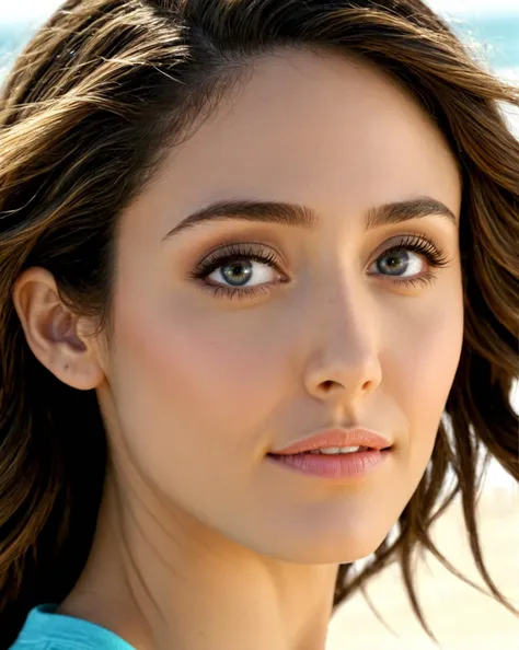 <lora:emmy_rossum_loha:0.8> 3mmy, emmy rossum, Professional Photo. Closeup headshot, a gorgeous female, on a (beach:1.2), wearing a (surfer girl t-shirt:1.2). Perfect eyes, highly detailed beautiful expressive eyes, detailed eyes. Glamorous surfer girl style. (8k, RAW photo, best quality, ultra high res:1.2), (intricate, photorealistic, masterpiece, ultra-detailed).