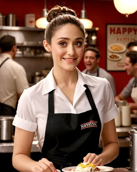 <lora:emmy_rossum_loha:0.8> 3mmy, emmy rossum, Waitress serving food in a small diner, loose shirt, apron, beautiful expressive eyes, detailed eyes, hair in a messy bun, happy, lingering sensual gaze. dynamic lighting, photorealistic, 8k, natural lighting, intricate details, key visual, atmospheric lighting, 35mm photograph, bokeh, professional. POV perspective.