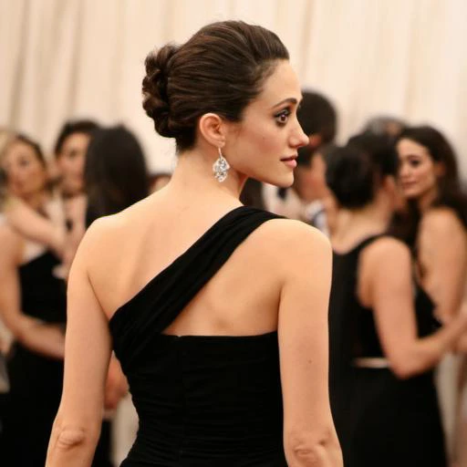 <lora:emmy_rossum_loha:1>3mmy, emmy rossum, jewelry, earrings, freckles, dress, realistic, nail polish, black hair, black dress, holding, blurry, hand on hip, sleeveless, brown hair, mole, bare shoulders, shirt, solo focus, blurry background, 1girl