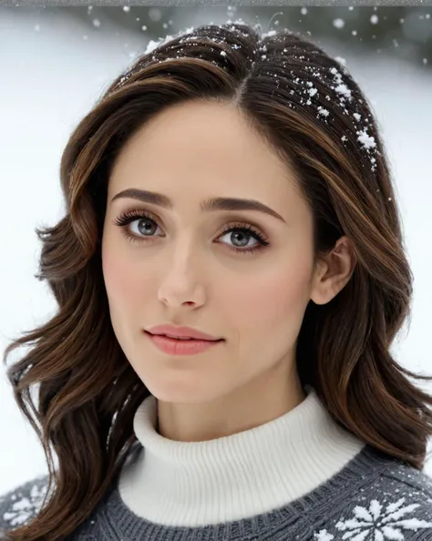 <lora:emmy_rossum_loha:0.8> 3mmy, emmy rossum, Upper body photo. Beautiful girl wearing a thin athletic sweater, Side-swept hair, Perfect eyes, highly detailed beautiful expressive eyes, detailed eyes. Depth of field, morning in the snow, (8k, RAW photo, best quality, depth of field, ultra high res:1.2), (intricate, photorealistic, masterpiece, ultra-detailed), dynamic lighting