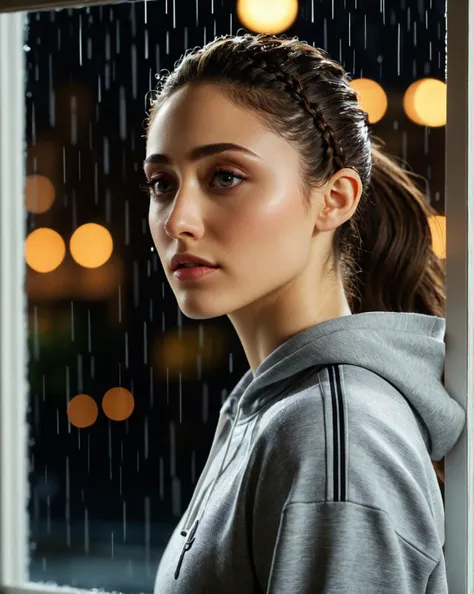 <lora:emmy_rossum_loha:0.8> 3mmy, emmy rossum, (1girl), Detailed face. Perfect eyes, highly detailed beautiful expressive eyes, detailed eyes. Standing in front of a window. Wearing track pants and cropped sweatshirt, side profile. Raining outside, detailed water. City lights reflecting off the window. Dusk. Dynamic lighting, shadows, 35mm photograph, film, bokeh, professional, 4k, photorealistic, 8k, raw, rich, intricate details, key visual, vivid colors. Masterpiece. Best quality. Highly detailed.