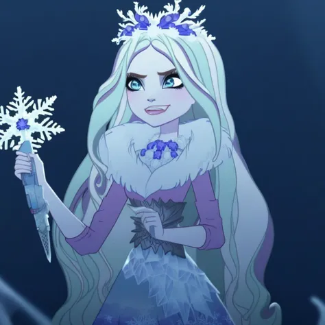 eah, ice, holding, crystalwinter, long hair, snowflakes, cross-laced footwear, white footwear, very long hair, gun, necklace, holding flower, 1girl, teeth, dress, eyelashes, upper body