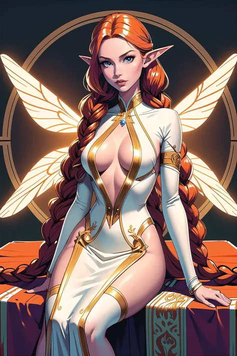 elf, tall, slim, (masterpiece, best_quality, ultra-detailed, immaculate:1.3), epic, illustration, 1girl, Valencia Orange sprite,insect wings, see-through gossamer, , in British, sky Venice, bombshell hair, copper hair, Double Dutch Braids, sitting on person<lora:EnvyElf02:1>