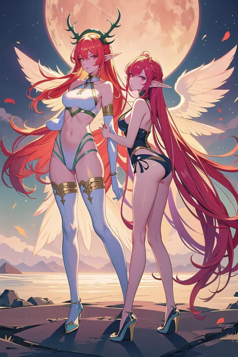 elf, tall, slim, , 2girls, couple, mutual hug, (masterpiece, best_quality, ultra-detailed, immaculate:1.3), epic, illustration, 1girl, (stimulating Tumblewave:1.3) cute angel, full body, , [:wild costume design,:0.2], official art, (african, dark skin:0.6), dramatic muted red lighting , in a festive cove, bombshell hair, neon ginger hair, spiked hair,Double Waterfall Braid, twisted torso<lora:EnvyElf02:1>