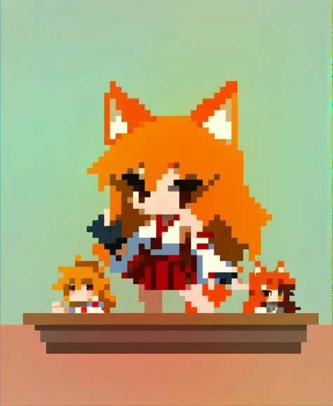 score_9_up, score_8_up, score_7_up, <lora:Pony_QualityV4.0:1.5>, dynamic pose, cowboy shot, wide shot, 1girl, fox girl, long hair, (orange hair), brown eyes, slit pupils, fox ears, fox tail, medium breasts, miko, detached sleeves, fingerless gloves, inside, at a classroom, desks, schoolgirls, (6+girls), schoolgirl uniform, pleated skirt, <lora:shirosu0011:1>, shirosu00, pixel art, chibi