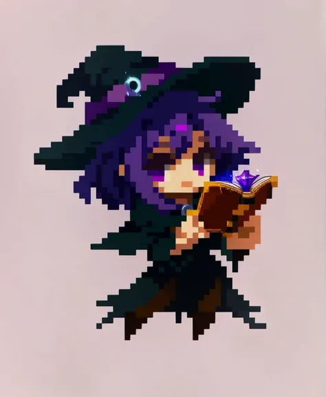 score_9_up, score_8_up, score_7_up, dynamic pose, upper body, straight-on, 1girl, witch, dark purple hair, witch hat, long black dress, holding magic book, <lora:shirosu0011:1>, shirosu00, pixel art, chibi