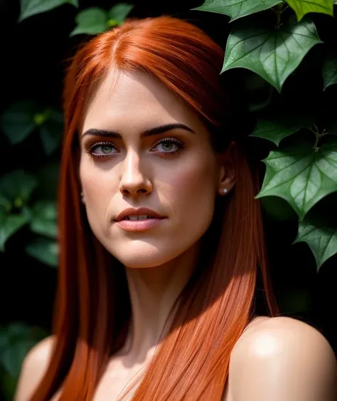 (Cinematic Photo:1.3) of (Realistic:1.3) a Ivy Poison, hair red, costume green leaf texture branches, forested, ivy, (ivy poison:1.3), photo of (Allison Williams) Photorealism, Realistic, photorealistist, HD,,epic hyperrealistic, matte texture skin, pores, wrinkles, concept hyperdetailed, hyper realistic, highly detailed, depth of field, Detailed and Intricate, Cinematic, Highly Detailed, standing tall, (detailed face:1.3), best quality, ultra high res, bare shoulders, solo focus, looking at viewer, hires, kodak grain,Highly Detailed,