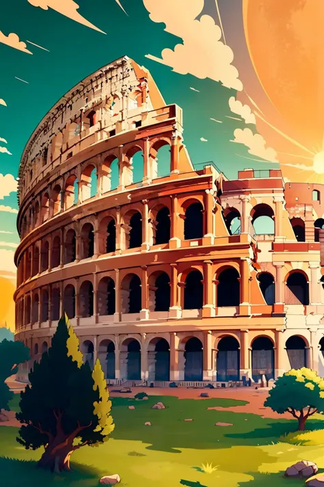 ((masterpiece, best quality)), <lora:Colosseum:0.8>, high resolution, highly detailed,  Colosseum, sky, day, cloud, tree, blue sky, no humans, sunlight, grass, plant, sun, bush