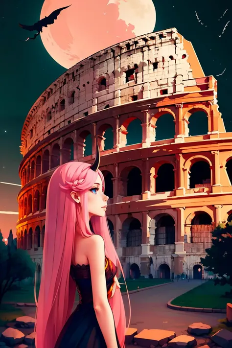 ((masterpiece, best quality)), <lora:Colosseum:0.8>, high resolution, highly detailed,  Colosseum, 1girl, solo, long hair, pink hair, horns, sky, cloud, tree, night, bird, moon, star (sky), night sky, starry sky