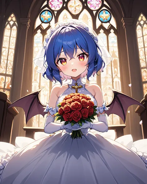 remilia scarlet,1girl, wedding_dress, solo, bat_wings, bridal_veil, white_gloves, elbow_gloves, white_dress, stained_glass, petals, alternate_costume, open_mouth, holding_bouquet, looking_at_viewer, blush, bride, bare_shoulders, indoors, :d, church, breasts, rose
<lora:remilia_scarlet_image7486_2023-12-11:1>,star-shaped_pupils,symbol-shaped_pupils,. gorgeous,key visual, vibrant, studio anime,award-winning, professional, highly detailed,high budget, cinemascope