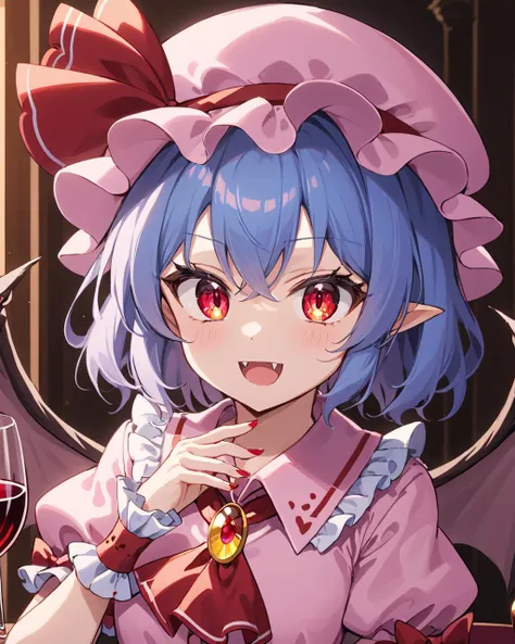 remilia scarlet,1girl, mob_cap, solo, red_nails, red_bow, sharp_fingernails, short_sleeves, bat_wings, open_mouth, pink_headwear, brooch, hat_ribbon, red_ribbon, wine_glass, wrist_cuffs, nail_polish, fangs, upper_body, pink_dress, frilled_shirt_collar, long_fingernails, puffy_sleeves, pink_shirt
<lora:remilia_scarlet_image7486_2023-12-11:1>,star-shaped_pupils,symbol-shaped_pupils,. gorgeous,key visual, vibrant, studio anime,award-winning, professional, highly detailed,high budget, cinemascope