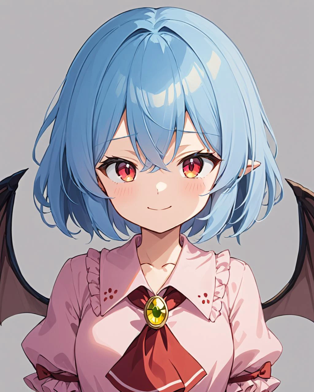 remilia scarlet,one_eye_closed, smile, red_ascot, 1girl, brooch, puffy_short_sleeves, upper_body, looking_at_viewer, no_headwear, closed_mouth, pink_dress, ;\), alternate_hair_length, bat_wings, grey_background, solo_focus, shirt, 1boy
<lora:remilia_scarlet_image7486_2023-12-11:1>,star-shaped_pupils,symbol-shaped_pupils,. gorgeous,key visual, vibrant, studio anime,award-winning, professional, highly detailed,high budget, cinemascope