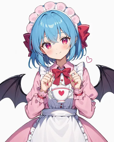 remilia scarlet,1girl, solo, pink_bowtie, pink_dress, smile, long_sleeves, teacup, blush, closed_mouth, maid_headdress, teapot, bat_wings, looking_at_viewer, back_bow, white_apron, puffy_sleeves, enmaided, tea, white_background, holding, nail_polish, simple_background, standing, fingernails, frills, signature, collared_dress, buttons, symbol_in_eye, hands_up, hair_bow, white_bow, pink_nails, heart
<lora:remilia_scarlet_image7486_2023-12-11:1>,star-shaped_pupils,symbol-shaped_pupils,. gorgeous,key visual, vibrant, studio anime,award-winning, professional, highly detailed,high budget, cinemascope