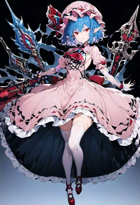 masterpiece, best quality, ultra-detailed, beautiful, nai3, 1girl, solo, full_body, tachi-e, 
remilia scarlet, red_eyes, blue_hair, short_hair, hat, skirt, ribbon, dress, frills, puffy_sleeves, short_sleeves, mob_cap, nail_polish, ascot, thighhighs, weapon, hat_ribbon, gloves, pointy_ears, wrist_cuffs, fingernails, polearm, long_skirt, backless_dress, frilled_skirt, pink_dress, elbow_gloves, spear_the_gungnir, long_fingernails,