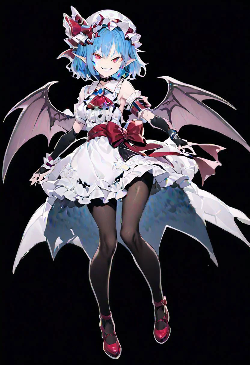 masterpiece, best quality, ultra-detailed, beautiful, nai3, 1girl, solo, full_body, tachi-e,
remilia_scarlet_(koumajou_densetsu), bat wings,
solo, 1girl, smile, short_hair, shirt, red_eyes, bow, blush, hat, ribbon, dress, hair_ornament, frills, blue_hair, jewelry, puffy_sleeves, short_sleeves, red_bow, wings, mob_cap, nail_polish, pink_eyes, flower, ascot, pantyhose, sidelocks, detached_sleeves, hat_ribbon, shoes, pointy_ears, grin, wrist_cuffs, bat_wings, sword, fingernails, white_headwear, black_pantyhose, high_heels, hat_bow, collar, fang, sash, black_gloves, choker, petals, white_dress, fingerless_gloves, polearm, lips, hair_flower, expressionless, frilled_sleeves, hat_flower, brooch, pink_dress, red_sash, armband, sharp_fingernails, frilled_dress, collared_dress, coat, wing_collar, red_footwear, spear_the_gungnir, long_fingernails, light_purple_hair, eyelashes, bridal_gauntlets, cross, clenched_teeth,
