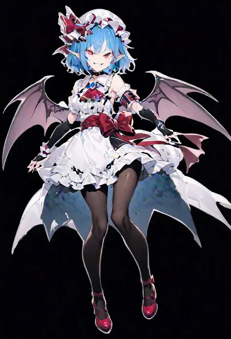 masterpiece, best quality, ultra-detailed, beautiful, nai3, 1girl, solo, full_body, tachi-e, 
remilia_scarlet_(koumajou_densetsu), bat wings, 
solo, 1girl, smile, short_hair, shirt, red_eyes, bow, blush, hat, ribbon, dress, hair_ornament, frills, blue_hair, jewelry, puffy_sleeves, short_sleeves, red_bow, wings, mob_cap, nail_polish, pink_eyes, flower, ascot, pantyhose, sidelocks, detached_sleeves, hat_ribbon, shoes, pointy_ears, grin, wrist_cuffs, bat_wings, sword, fingernails, white_headwear, black_pantyhose, high_heels, hat_bow, collar, fang, sash, black_gloves, choker, petals, white_dress, fingerless_gloves, polearm, lips, hair_flower, expressionless, frilled_sleeves, hat_flower, brooch, pink_dress, red_sash, armband, sharp_fingernails, frilled_dress, collared_dress, coat, wing_collar, red_footwear, spear_the_gungnir, long_fingernails, light_purple_hair, eyelashes, bridal_gauntlets, cross, clenched_teeth,