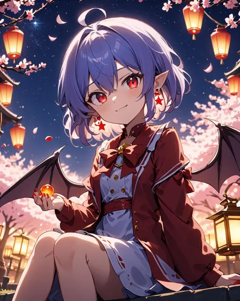 remilia scarlet,1girl, solo, bat_wings, cherry_blossoms, looking_at_viewer, red_nails, petals, smile, no_headwear, long_sleeves, outdoors, night_sky, dango, blurry, dress, sitting, closed_mouth, ahoge, earrings, red_bow, star_\(sky\), lantern, moon, slit_pupils, holding_food
<lora:remilia_scarlet_image7486_2023-12-11:1>,star-shaped_pupils,symbol-shaped_pupils,. gorgeous,key visual, vibrant, studio anime,award-winning, professional, highly detailed,high budget, cinemascope