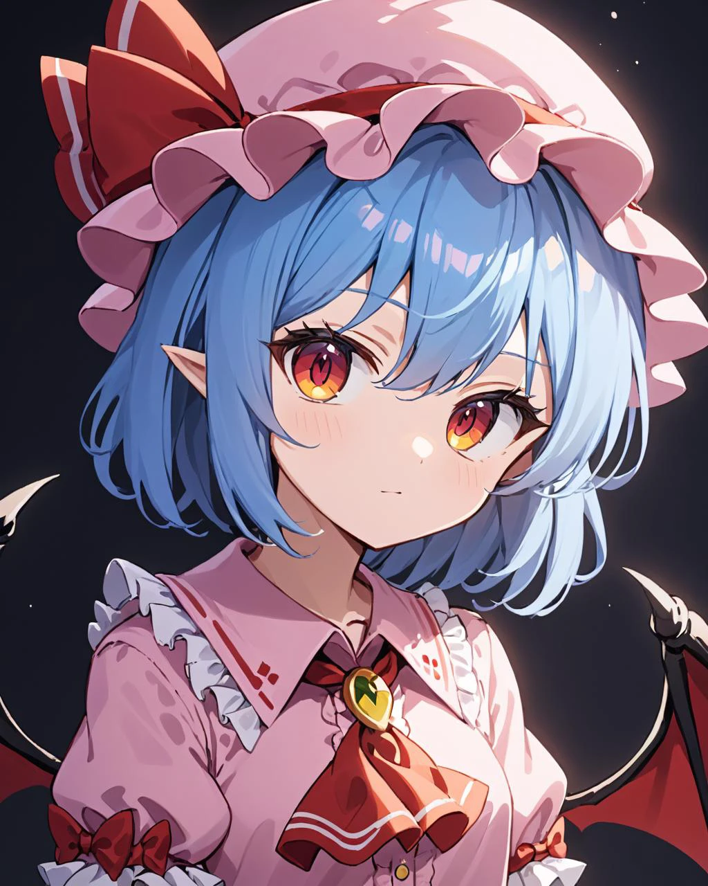 remilia scarlet,1girl, solo, pink_headwear, mob_cap, bat_wings, red_ascot, upper_body, :<, puffy_short_sleeves, closed_mouth, hat_ribbon, frilled_shirt_collar, red_ribbon, detached_wings, pink_shirt, pink_dress, cropped_torso, bow, white_background, simple_background
<lora:remilia_scarlet_image7486_2023-12-11:1>,star-shaped_pupils,symbol-shaped_pupils,. gorgeous,key visual, vibrant, studio anime,award-winning, professional, highly detailed,high budget, cinemascope
