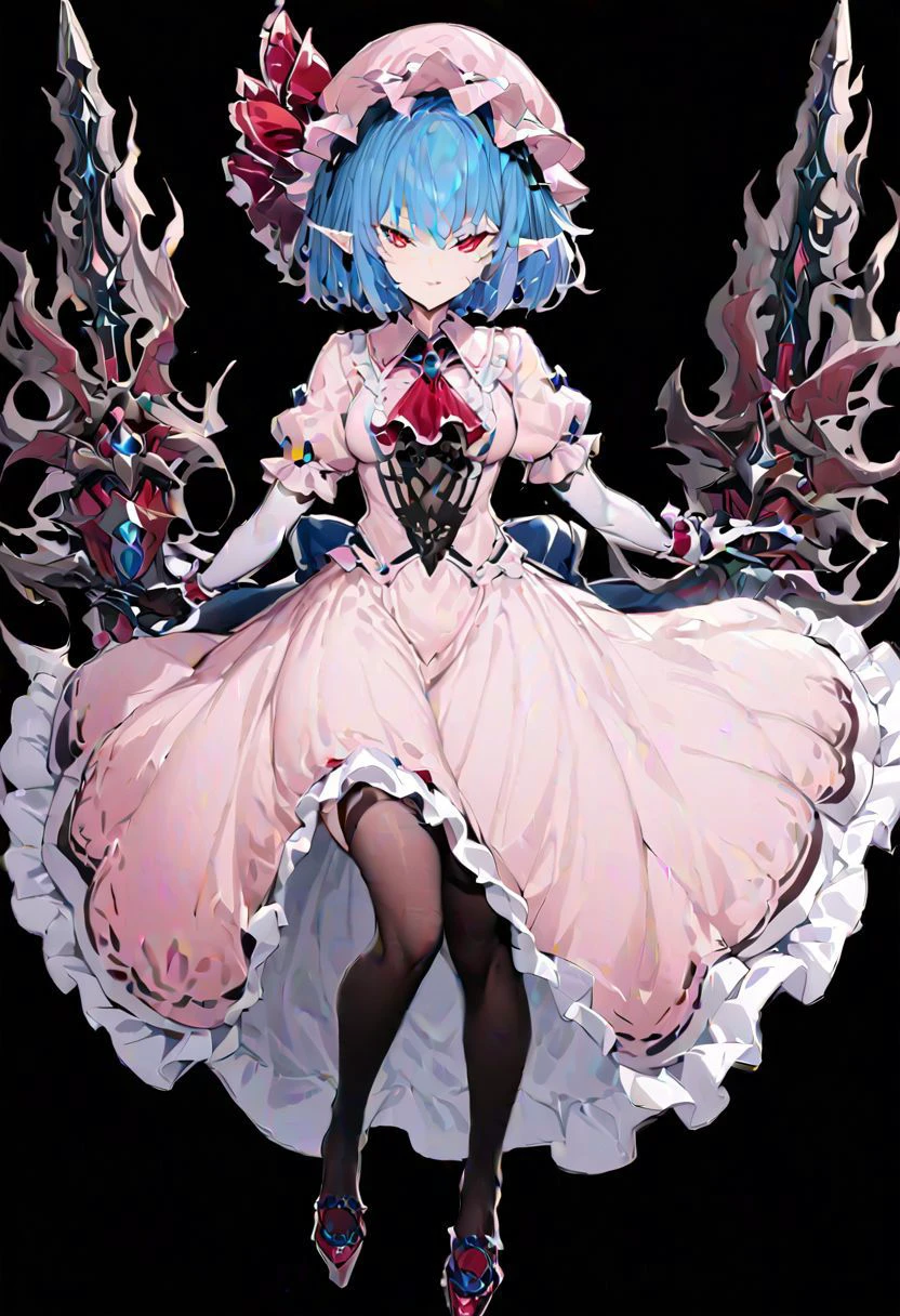 masterpiece, best quality, ultra-detailed, beautiful, nai3, 1girl, solo, full_body, tachi-e,
remilia scarlet, red_eyes, blue_hair, short_hair, hat, skirt, ribbon, dress, frills, puffy_sleeves, short_sleeves, mob_cap, nail_polish, ascot, thighhighs, weapon, hat_ribbon, gloves, pointy_ears, wrist_cuffs, fingernails, polearm, long_skirt, backless_dress, frilled_skirt, pink_dress, elbow_gloves, spear_the_gungnir, long_fingernails,