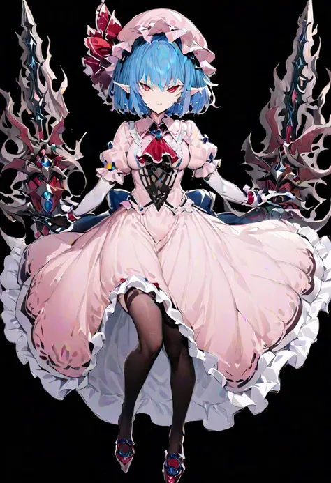 masterpiece, best quality, ultra-detailed, beautiful, nai3, 1girl, solo, full_body, tachi-e, 
remilia scarlet, red_eyes, blue_hair, short_hair, hat, skirt, ribbon, dress, frills, puffy_sleeves, short_sleeves, mob_cap, nail_polish, ascot, thighhighs, weapon, hat_ribbon, gloves, pointy_ears, wrist_cuffs, fingernails, polearm, long_skirt, backless_dress, frilled_skirt, pink_dress, elbow_gloves, spear_the_gungnir, long_fingernails,