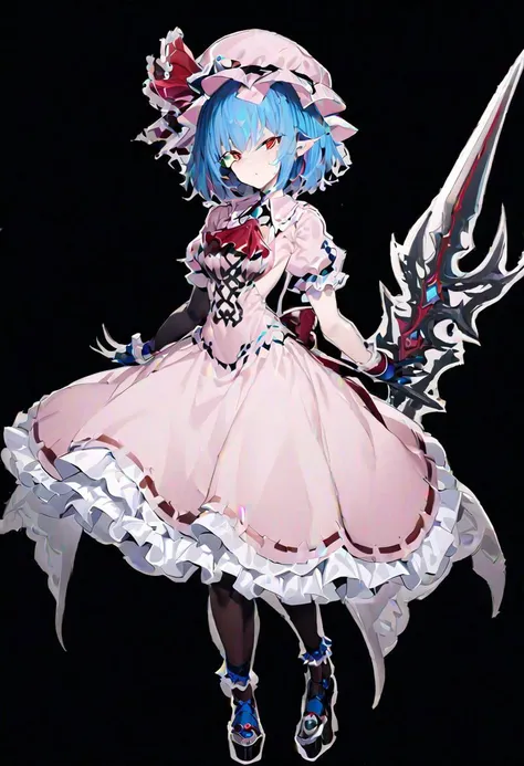 masterpiece, best quality, ultra-detailed, beautiful, nai3, 1girl, solo, full_body, tachi-e, 
remilia scarlet, red_eyes, blue_hair, short_hair, hat, skirt, ribbon, dress, frills, puffy_sleeves, short_sleeves, mob_cap, nail_polish, ascot, thighhighs, weapon, hat_ribbon, gloves, pointy_ears, wrist_cuffs, fingernails, polearm, long_skirt, backless_dress, frilled_skirt, pink_dress, elbow_gloves, spear_the_gungnir, long_fingernails,