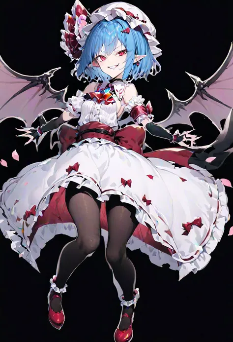 masterpiece, best quality, ultra-detailed, beautiful, nai3, 1girl, solo, full_body, tachi-e, 
remilia_scarlet_(koumajou_densetsu), bat wings, 
solo, 1girl, smile, short_hair, shirt, red_eyes, bow, blush, hat, ribbon, dress, hair_ornament, frills, blue_hair, jewelry, puffy_sleeves, short_sleeves, red_bow, wings, mob_cap, nail_polish, pink_eyes, flower, ascot, pantyhose, sidelocks, detached_sleeves, hat_ribbon, shoes, pointy_ears, grin, wrist_cuffs, bat_wings, sword, fingernails, white_headwear, black_pantyhose, high_heels, hat_bow, collar, fang, sash, black_gloves, choker, petals, white_dress, fingerless_gloves, polearm, lips, hair_flower, expressionless, frilled_sleeves, hat_flower, brooch, pink_dress, red_sash, armband, sharp_fingernails, frilled_dress, collared_dress, coat, wing_collar, red_footwear, spear_the_gungnir, long_fingernails, light_purple_hair, eyelashes, bridal_gauntlets, cross, clenched_teeth,