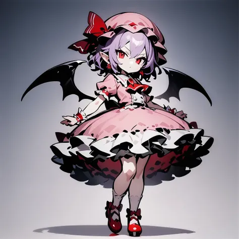 1girl, remilia scarlet,(chibi:1.1),rating: general,full body,standing,simple background,white background,best quality,masterpiece,<lora:noline-16oa:1>,(ai-generated:0.2),wrist_cuffs,bat_wings,mob_cap,ascot,earrings,brooch,hat_ribbon,pink_dress,short_sleeves,puffy_sleeves,red_footwear,white_socks ,<lora:remilia_scarlet_image7486_2023-12-11:1>,