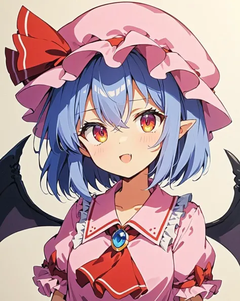 remilia scarlet,1girl, solo, bat_wings, open_mouth, traditional_media, brooch, shikishi, mob_cap, hat_ribbon, pink_shirt, red_ribbon, frilled_shirt_collar, pink_headwear, looking_at_viewer, upper_teeth_only, red_ascot
<lora:remilia_scarlet_image7486_2023-12-11:1>,star-shaped_pupils,symbol-shaped_pupils,. gorgeous,key visual, vibrant, studio anime,award-winning, professional, highly detailed,high budget, cinemascope