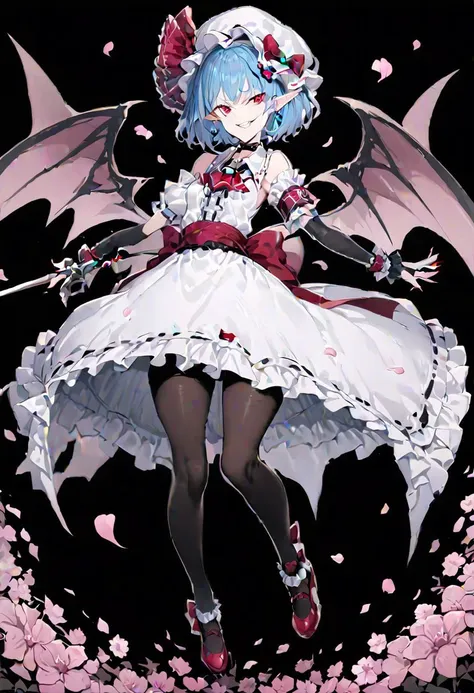 masterpiece, best quality, ultra-detailed, beautiful, nai3, 1girl, solo, full_body, tachi-e, 
remilia_scarlet_(koumajou_densetsu), bat wings, 
solo, 1girl, smile, short_hair, shirt, red_eyes, bow, blush, hat, ribbon, dress, hair_ornament, frills, blue_hair, jewelry, puffy_sleeves, short_sleeves, red_bow, wings, mob_cap, nail_polish, pink_eyes, flower, ascot, pantyhose, sidelocks, detached_sleeves, hat_ribbon, shoes, pointy_ears, grin, wrist_cuffs, bat_wings, sword, fingernails, white_headwear, black_pantyhose, high_heels, hat_bow, collar, fang, sash, black_gloves, choker, petals, white_dress, fingerless_gloves, polearm, lips, hair_flower, expressionless, frilled_sleeves, hat_flower, brooch, pink_dress, red_sash, armband, sharp_fingernails, frilled_dress, collared_dress, coat, wing_collar, red_footwear, spear_the_gungnir, long_fingernails, light_purple_hair, eyelashes, bridal_gauntlets, cross, clenched_teeth,