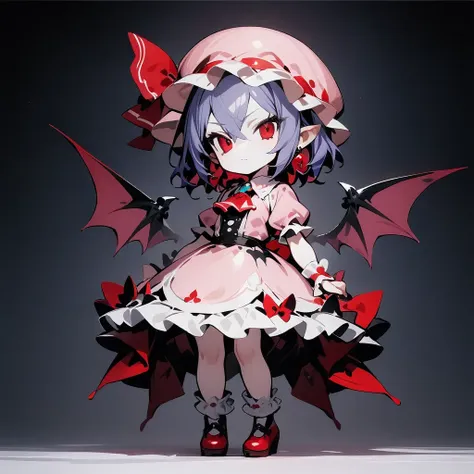 1girl, remilia scarlet,(chibi:1.1),rating: general,full body,standing,simple background,white background,best quality,masterpiece,<lora:noline-16oa:1>,(ai-generated:0.2),wrist_cuffs,bat_wings,mob_cap,ascot,earrings,brooch,hat_ribbon,pink_dress,short_sleeves,puffy_sleeves,red_footwear,white_socks ,<lora:remilia_scarlet_image7486_2023-12-11:1>,