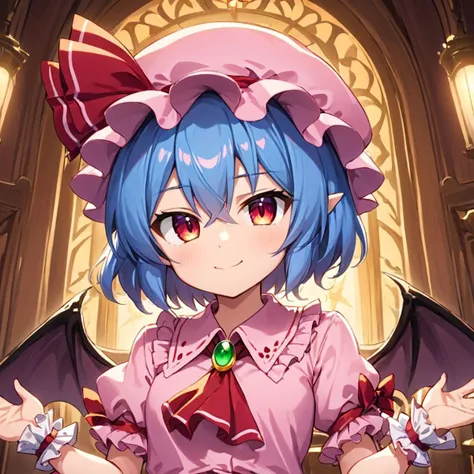 cute, remilia scarlet,1girl, solo, bat_wings, wrist_cuffs, ascot, hat_ribbon, brooch, mob_cap, pink_dress, frills
<lora:remilia_scarlet_image7486_2023-12-11:1>,star-shaped_pupils,symbol-shaped_pupils,gorgeous, looking at viewer, key visual, vibrant, studio anime,award-winning, professional, highly detailed,high budget, cinemascope, smile, indoors,