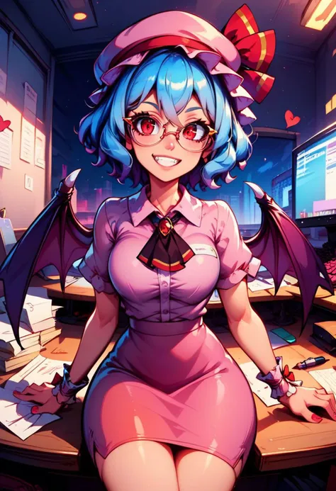 score_9, score_8_up, score_7_up, score_6_up, score_5_up, score_4_up, semi realistic,
BREAK,
remilia scarlet,1girl, solo, hat, bat_wings, wrist_cuffs, dress, ribbon, looking_at_viewer, pink dress, office lady, glasses, maximum charisma, smile, dazzling red eyes,
BREAK,
sitting at a desk in a newsroom, computer on the desk, papers piled, sticky notes on the bottom of computer monitor, holding a pen, chewing a pen; office at night, lights off, lit by computer screen; volumetric lighting, mood lighting, low lights, soft light, intricate details; colorful, vivid colors, rating_adult, zPDXL