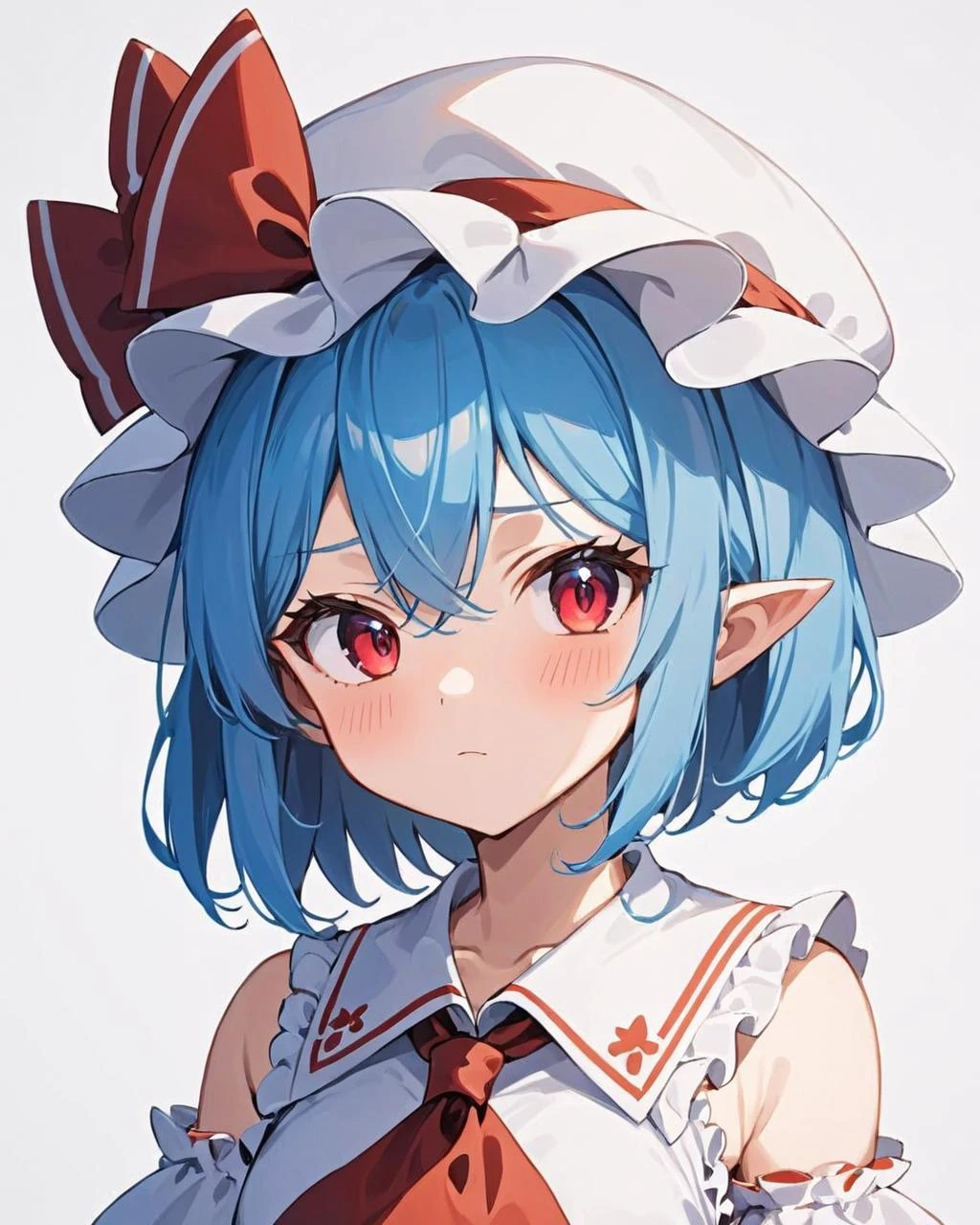 remilia scarlet,1girl, solo, white_background, simple_background, mob_cap, red_ascot, white_headwear, portrait, blush, closed_mouth, red_bow, hat_ribbon, red_ribbon, hat_bow, frills, cropped_shoulders, artist_name
<lora:remilia_scarlet_image7486_2023-12-11:1>,star-shaped_pupils,symbol-shaped_pupils,. gorgeous,key visual, vibrant, studio anime,award-winning, professional, highly detailed,high budget, cinemascope