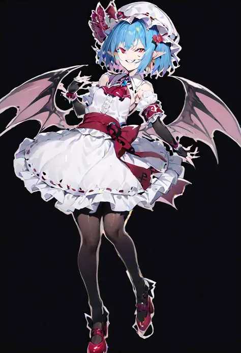 masterpiece, best quality, ultra-detailed, beautiful, nai3, 1girl, solo, full_body, tachi-e, 
remilia_scarlet_(koumajou_densetsu), bat wings, 
solo, 1girl, smile, short_hair, shirt, red_eyes, bow, blush, hat, ribbon, dress, hair_ornament, frills, blue_hair, jewelry, puffy_sleeves, short_sleeves, red_bow, wings, mob_cap, nail_polish, pink_eyes, flower, ascot, pantyhose, sidelocks, detached_sleeves, hat_ribbon, shoes, pointy_ears, grin, wrist_cuffs, bat_wings, sword, fingernails, white_headwear, black_pantyhose, high_heels, hat_bow, collar, fang, sash, black_gloves, choker, petals, white_dress, fingerless_gloves, polearm, lips, hair_flower, expressionless, frilled_sleeves, hat_flower, brooch, pink_dress, red_sash, armband, sharp_fingernails, frilled_dress, collared_dress, coat, wing_collar, red_footwear, spear_the_gungnir, long_fingernails, light_purple_hair, eyelashes, bridal_gauntlets, cross, clenched_teeth,