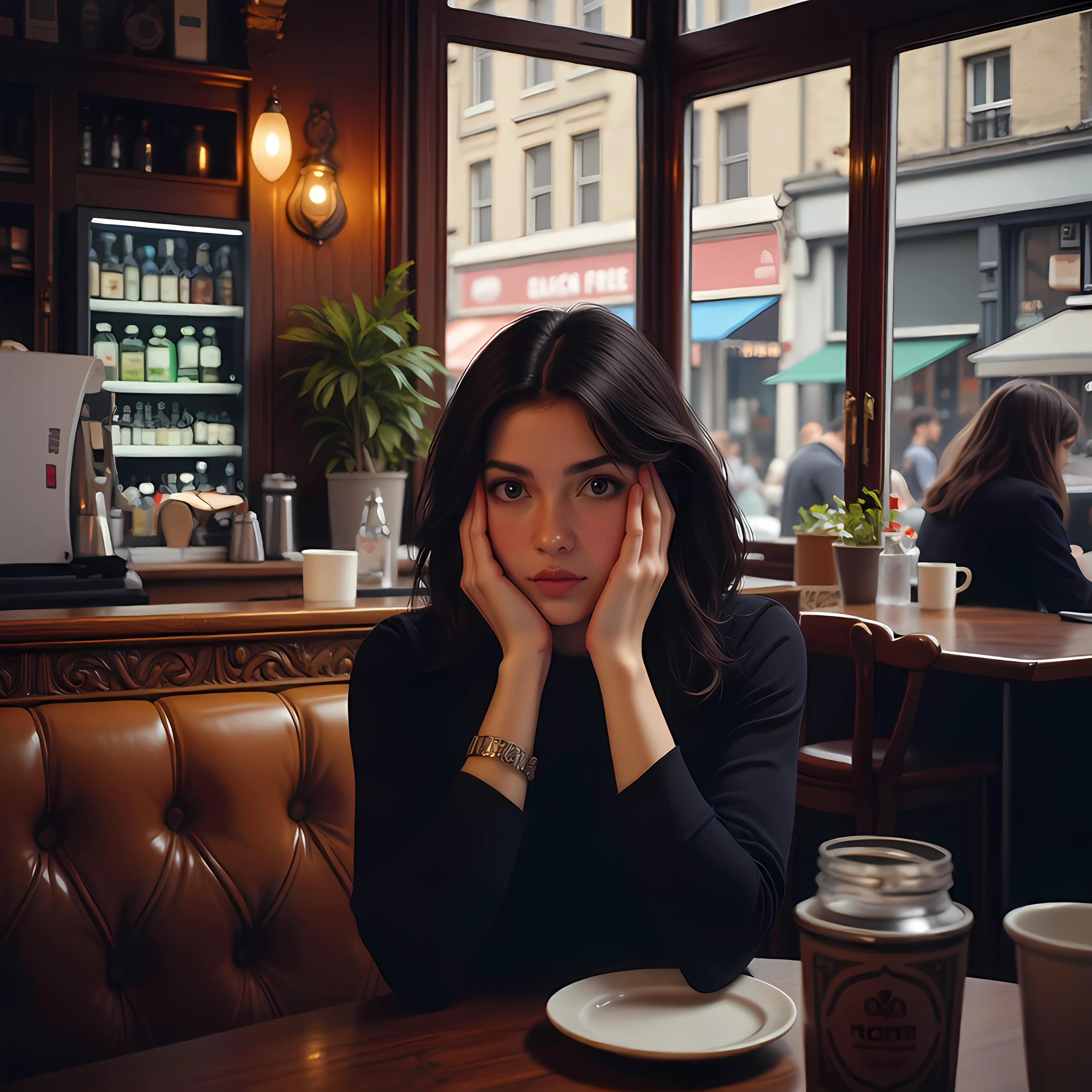 a stressed woman in a london cafe