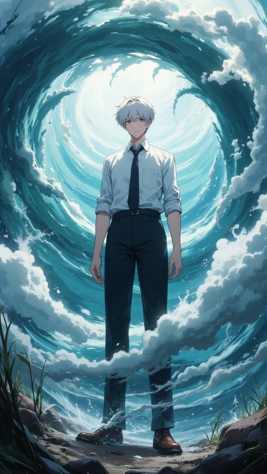 Illustration style, anime, aesthetic conception, masterpiece, ultra-high quality, ultra-high detail, ultra-detailed, HRD, 8K,
A man with short white hair, wearing a white shirt, a tie, suit pants and leather shoes, stood in the cyclone. The airflow surrounded the boy like smoke, and the boy's clothes, tie and hair fluttered in the airflow.