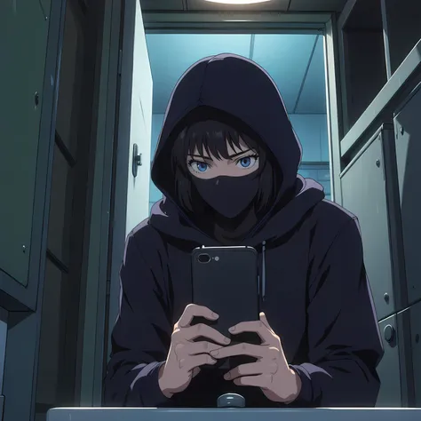 a ninja hiding in the bathroom cupboard watching anime on their phone