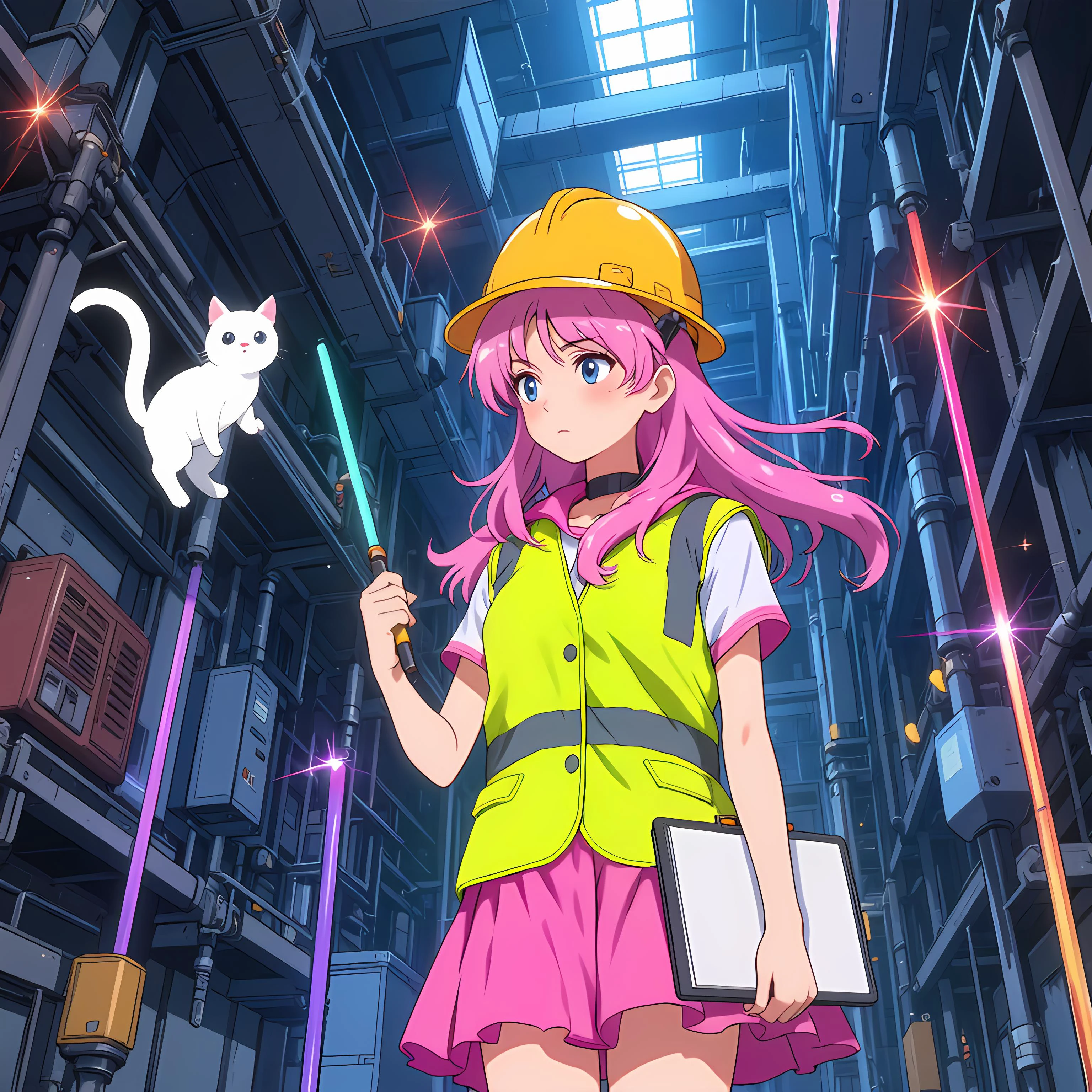a sparkly magical girl in high-vis and a pink skirt and a hard hat and carrying a clipboard in one hand and a her wand in the other conducts a routine inspection of a magical wand factory while her cat familiar floats along side, sailor moon style