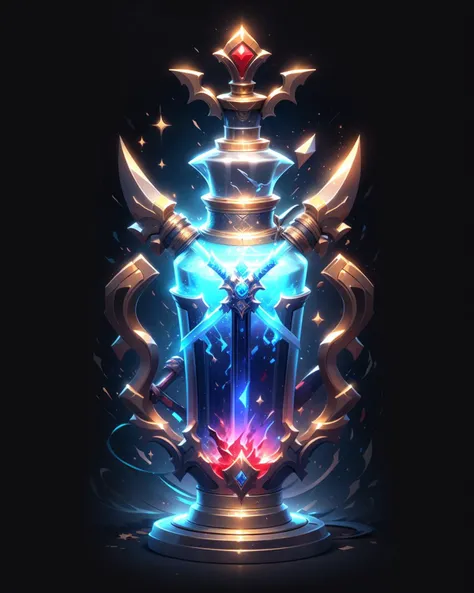 game icon institute, game icon, bottle, dark red, blood, sword, axe, black background, <lora:game icon institute_yanjiusuopingzi_v3-000020:0.8>