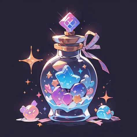 game icon institute, game icon, bottle, candy in a bottle, sparkle, black background <lora:game%20icon%20institute_yanjiusuopingzi_v3-000020:0.8>