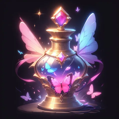 game icon institute, game icon, bottle, no humans, still life, simple background, flower, butterfly, black background, wings, sparkle, soul gem, pink flower, gem, light particles, bow, <lora:game icon institute_yanjiusuopingzi_v3-000020:0.8>