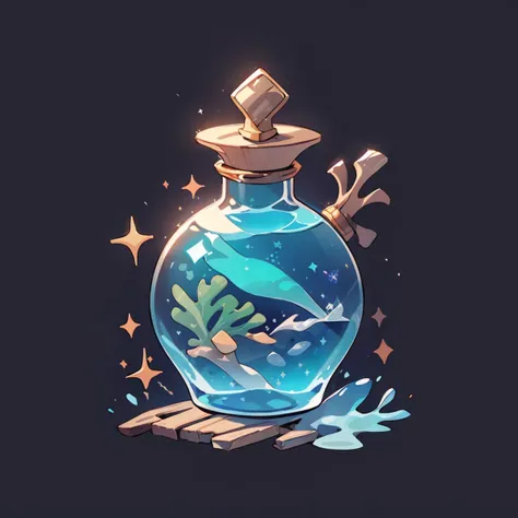 game icon institute, game icon, bottle, ocean in a bottle, sparkle, black background <lora:game%20icon%20institute_yanjiusuopingzi_v3-000020:0.8>