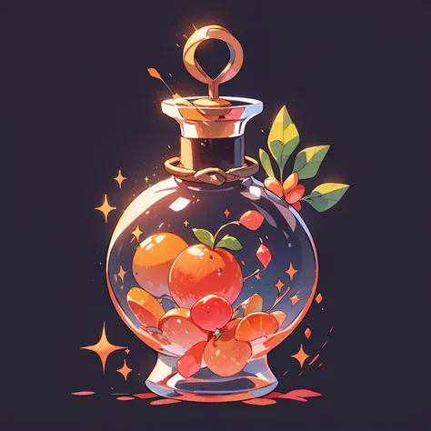 game icon institute, game icon, bottle, orange fruit in a bottle, sparkle, black background <lora:game%20icon%20institute_yanjiusuopingzi_v3-000020:0.8>
