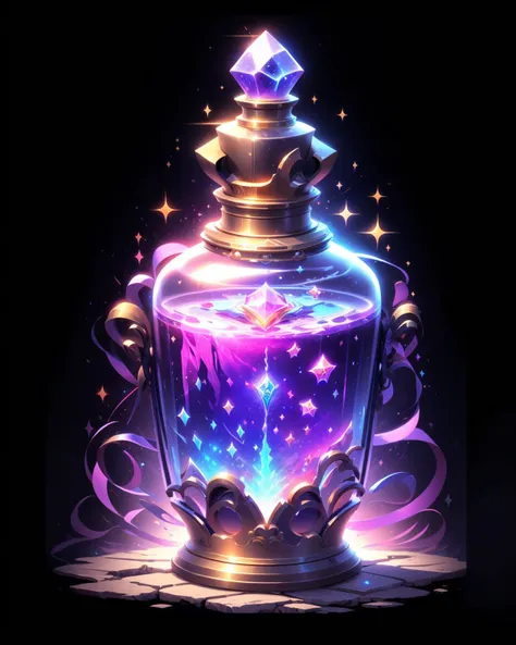 game icon institute, game icon, bottle, purple, galaxy, portal, liquid, sparkle, glowing, black background, <lora:game icon institute_yanjiusuopingzi_v3-000020:0.8>