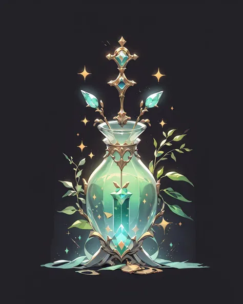 game icon institute, game icon, bottle, green, sparkle, black background, <lora:game icon institute_yanjiusuopingzi_v3-000020:0.8>