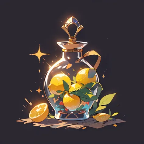 game icon institute, game icon, bottle, lemon fruit in a bottle, sparkle, black background <lora:game%20icon%20institute_yanjiusuopingzi_v3-000020:0.8>