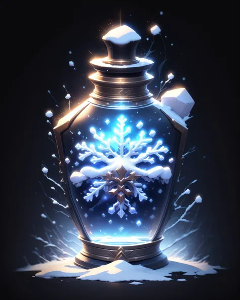 game icon institute, game icon, bottle, white, snow, snowflakes, aurora, smoke, glowing, black background, <lora:game icon institute_yanjiusuopingzi_v3-000020:0.8>