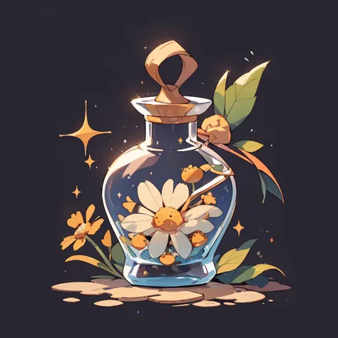 game icon institute, game icon, bottle, chamomile fruit in a bottle, sparkle, black background <lora:game%20icon%20institute_yanjiusuopingzi_v3-000020:0.8>