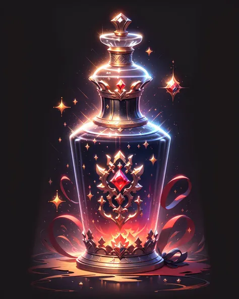 game icon institute, game icon, bottle, red, sparkle, black background, <lora:game icon institute_yanjiusuopingzi_v3-000020:0.8>